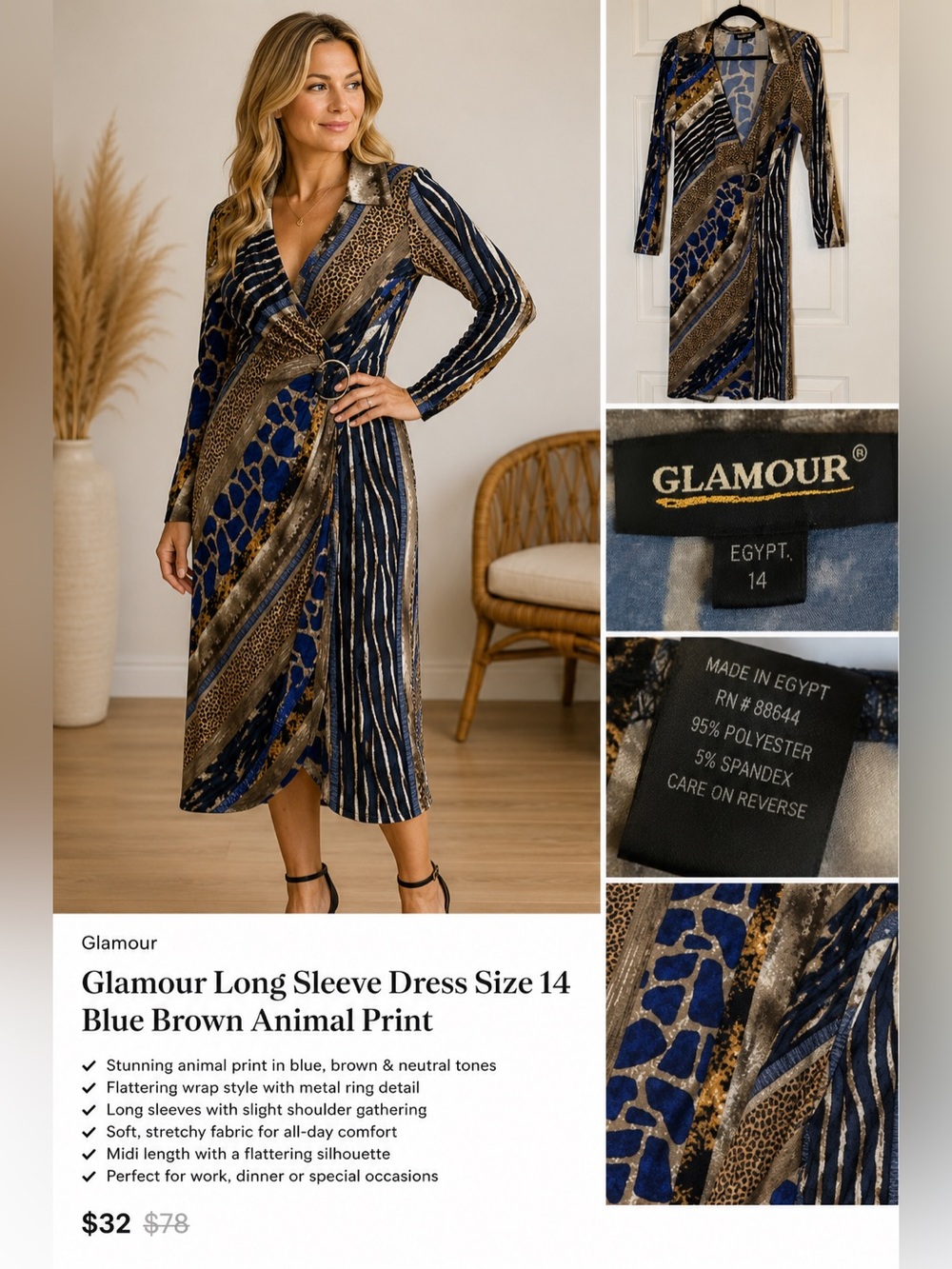 Glamour Long Sleeve Dress Size 14 Blue Brown Animal Print